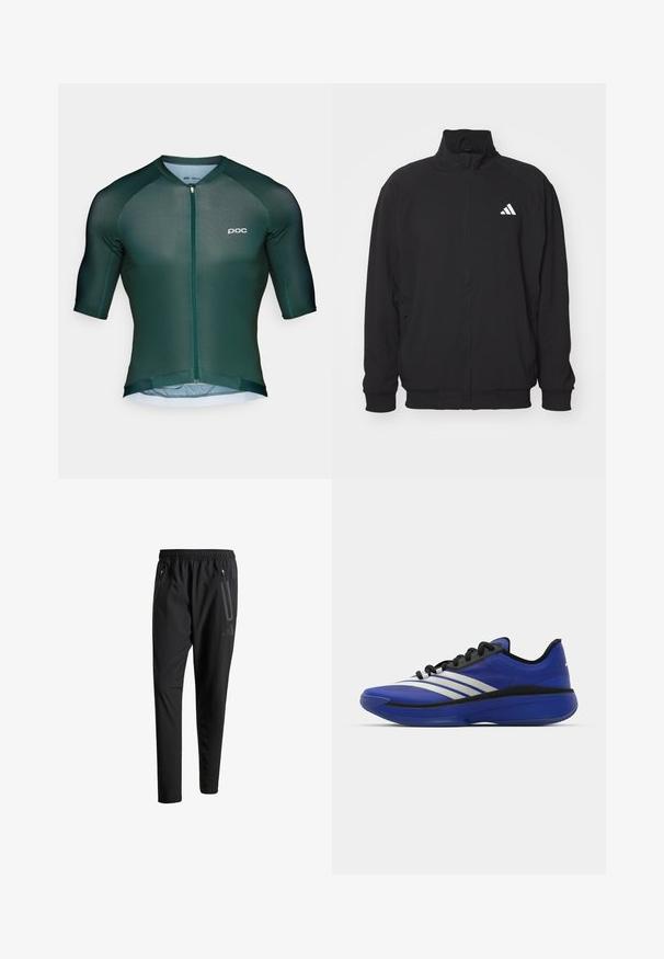 Musta ulkotakki, joka on valmistettu kevyestä kankaasta ja jossa on korkea kaulus, vetoketjusuljin, elastiset hihansuut ja valkoinen logo vasemmalla puolella.; Tumma vihreä pyöräilypaita, jossa on lyhyet hihat, vetoketju edessä ja huomaamaton logo. Valmistettu kevyestä ja hengittävästä materiaalista.; Mustat urheiluhousut, joissa on joustava vyötärö, kaksi vetoketjullista sivutaskua, kapenevat lahkeet ja hillitty logokuvaus lonkalla.; adidas Performance ADIZERO SELECT 3.0 - Koripallokengät - lucid blue/core black/metallic