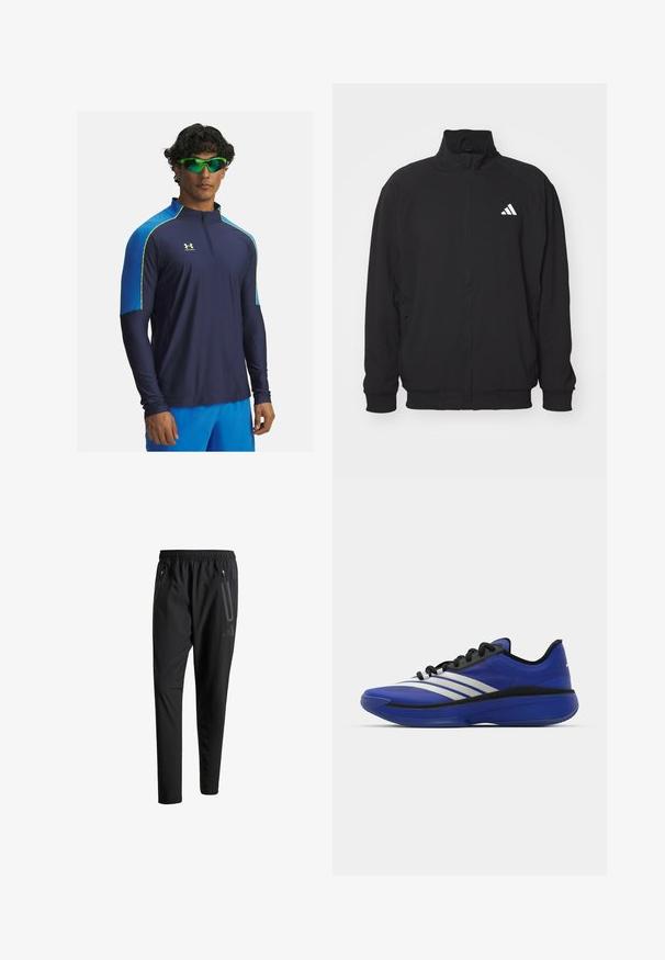 Zwarte buitenjack gemaakt van lichtgewicht stof, met een hoge kraag, ritssluiting, elastische manchetten en een wit logo aan de linkerkant.; Marineblauwe sportieve longsleeve top met een hoge kleur, voorzien van blauwe schouderaccenten en neongele naden. Vochtregulerend, aansluitend ontwerp.; Zwarte sportbroeken met een elastische tailleband, twee ritszakken aan de zijkant, taps toelopende pijpen en een subtiele logo-detail op de heup.; adidas Performance ADIZERO SELECT 3.0 - Basketbalschoenen - lucid blue/core black/metallic