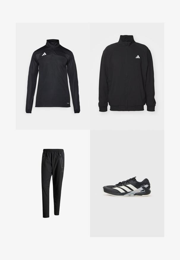 Schwarze Außenjacke aus leichtem Stoff, mit hochgeschlossenem Kragen, Reißverschluss, elastischen Bündchen und einem weißen Logo auf der linken Seite.; Schwarzathletischer Pullover mit langen Ärmeln, Viertel-Reißverschluss-Kragen, strukturiertem Oberpaneel und weißen Logo-Details auf der linken Schulter.; Schwarze Sporthose mit elastischem Bund, zwei Reißverschlusstaschen an den Seiten, schmal zulaufenden Beinen und einem dezenten Logo-Detail an der Hüfte.; Schwarzer Sportschuh mit weißen Streifen, Obermaterial aus Mesh, runde Zehenform und gepolstertem Sohlenteil. Verfügt über eine strukturierte Ferse und ein sicheres Schnürsystem.