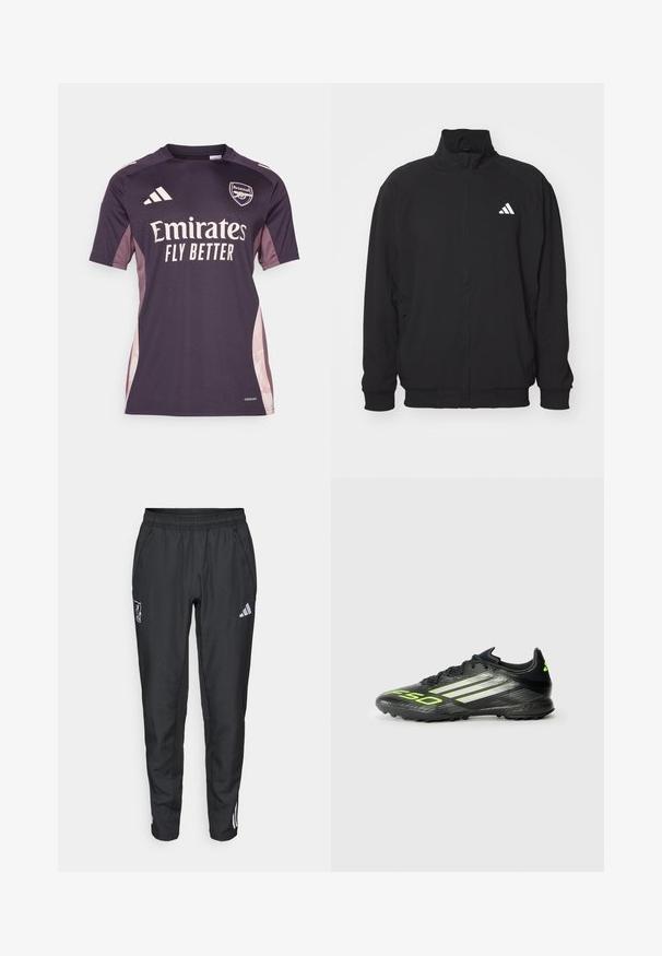 Svart ytterjacka i lätt material, med hög krage, dragkedjestängning, elastiska ärmslut och en vit logotyp på vänster sida.; Mörklila kortärmad fotbollströja med ljusrosa sidopaneler, broderad klubb-logo och stor vit sponsorskrift.; adidas Performance LIVERPOOL FC 25/26 EUROPEAN PRESENTATION PANTS - Klubbkläder - black; Svart fotbollssko med strukturerad yta, med klara gröna detaljer och tre vita ränder. Designad för konstgräs med gummisula.