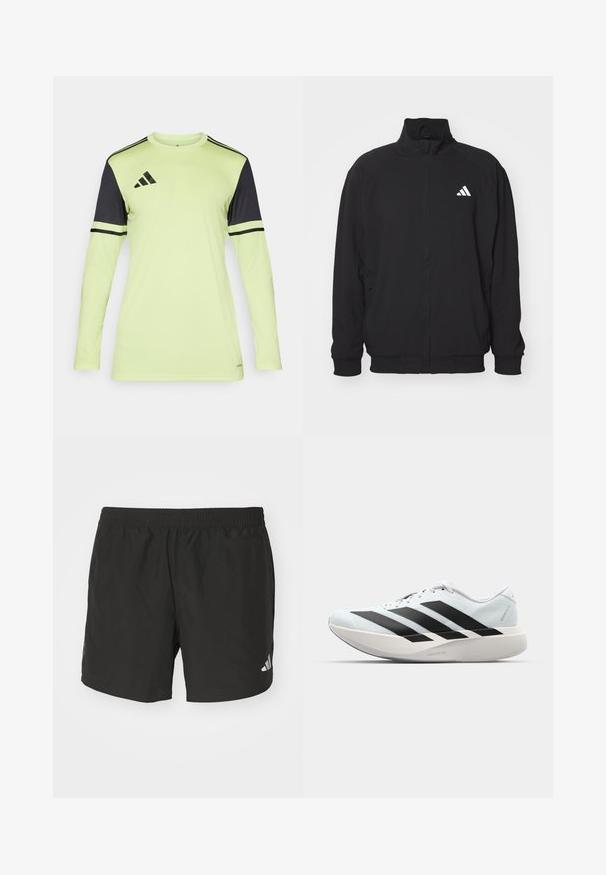 Svart ytterjacka i lätt material, med hög krage, dragkedjestängning, elastiska ärmslut och en vit logotyp på vänster sida.; Långärmad atletisk tröja i neongul med svarta detaljer och ränder. Har rundad halsringning och är tillverkad av polyester.; Svarta träningsshorts med elastisk midja, sidoklyftor och reflekterande logotypdetaljer. Tillverkade av lätt och mjukt tyg.; Lätta löparskor i ljusblått med svarta ränder. Har en slät ovandel, rund tå och tjock vit mellansula märkt "LIGHTSTRIKE PRO."