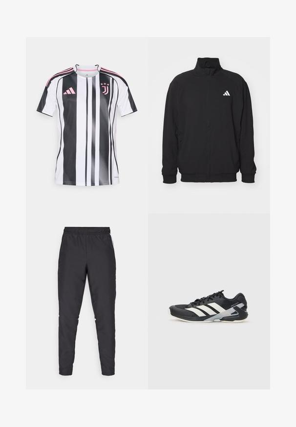 Black outer jacket made of lightweight fabric, featuring a high collar, zip closure, elastic cuffs, and a white logo on the left side.; Juventus football jersey with vertical black and white stripes, pink accents on sleeves and logo, made of lightweight, breathable material.; Black athletic pants with an elastic waistband, tapered legs, and white side accents. Made of synthetic material with a smooth texture.; Black athletic shoe with white stripes, mesh upper, rounded toe, and cushioned sole. Features a textured heel and secure lacing system.