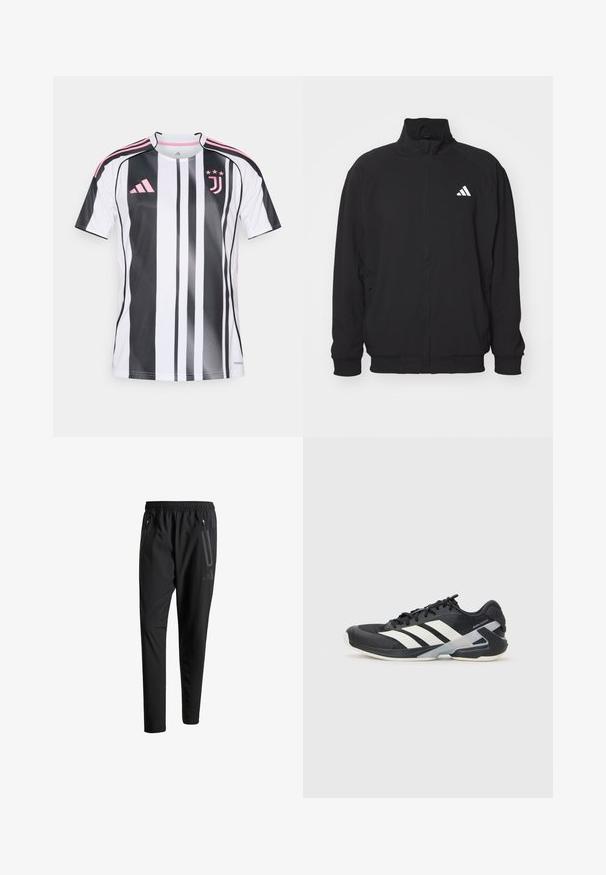 Zwarte buitenjack gemaakt van lichtgewicht stof, met een hoge kraag, ritssluiting, elastische manchetten en een wit logo aan de linkerkant.; Juventus voetbalshirt met verticale zwart-witte strepen, roze accenten op de mouwen en het logo, gemaakt van lichtgewicht, ademend materiaal.; Zwarte sportbroeken met een elastische tailleband, twee ritszakken aan de zijkant, taps toelopende pijpen en een subtiele logo-detail op de heup.; Zwarte sportschoen met witte strepen, bovenwerk van mesh, ronde neus en geveerde zool. Heeft een getextureerde hak en een veilig vetersysteem.