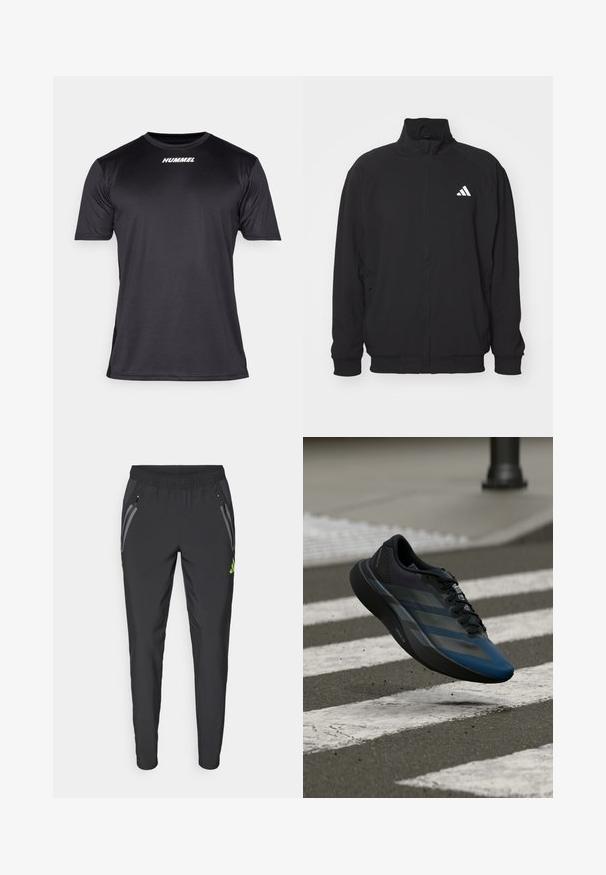 Czarna zewnętrzna kurtka wykonana z lekkiego materiału, z wysokim kołnierzem, zapięciem na zamek, elastycznymi mankietami oraz białym logo po lewej stronie.; Czarna koszulka sportowa z gładkiego, oddychającego materiału. Posiada okrągły dekolt i krótkie rękawy, z białym logo "HUMMEL" z przodu.; adidas Performance REAL MADRID VISTECH czarny; Czarno-niebieski but sportowy o aerodynamicznym kształcie, z teksturowaną cholewką, kontrastowymi paskami i amortyzowaną podeszwą, zawieszony nad chodnikiem.