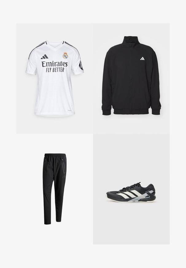Veste extérieure noire en tissu léger, avec un col haut, fermeture éclair, poignets élastiques et un logo blanc sur le côté gauche.; Maillot de football blanc à manches courtes, design en V, avec des accents noirs et "Emirates Fly Better" imprimé en gras noir. Présente le logo de l'équipe sur la poitrine.; Pantalons de sport noirs avec une taille élastique, deux poches latérales zippées, des jambes fuselées et un détail de logo subtil sur la hanche.; Chaussure de sport noire avec des rayures blanches, tige en mesh, bout arrondi et semelle rembourrée. Comprend un talon texturé et un système de laçage sécurisé.