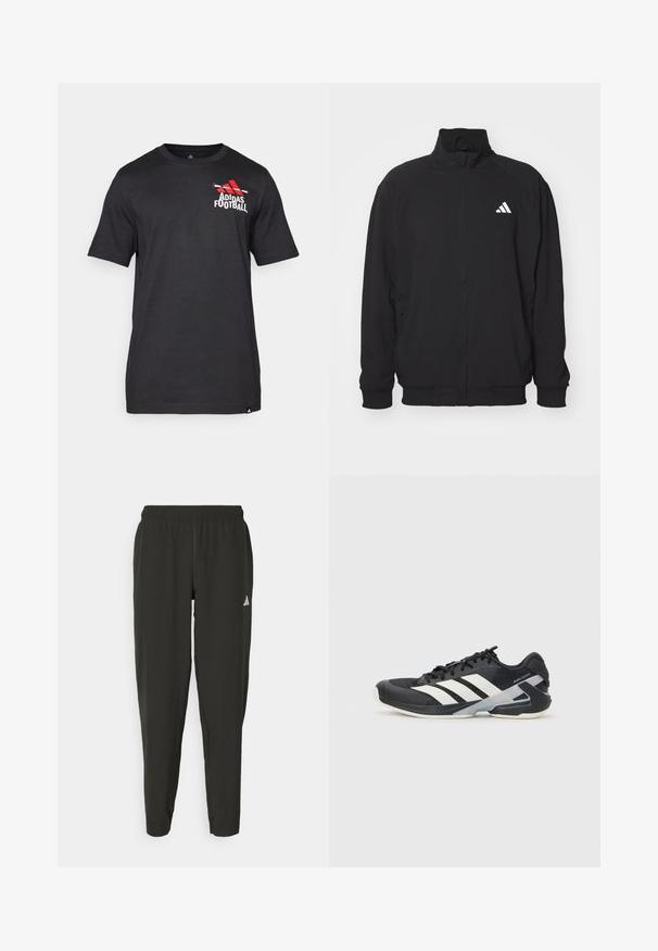 Black outer jacket made of lightweight fabric, featuring a high collar, zip closure, elastic cuffs, and a white logo on the left side.; Black short-sleeve t-shirt made of cotton, featuring a red Adidas logo and "Football" text on the left chest area. Smooth texture.; Black athletic pants with an elastic waistband, slim fit, and white logo on the left leg. Smooth, lightweight fabric.; Black athletic shoe with white stripes, mesh upper, rounded toe, and cushioned sole. Features a textured heel and secure lacing system.