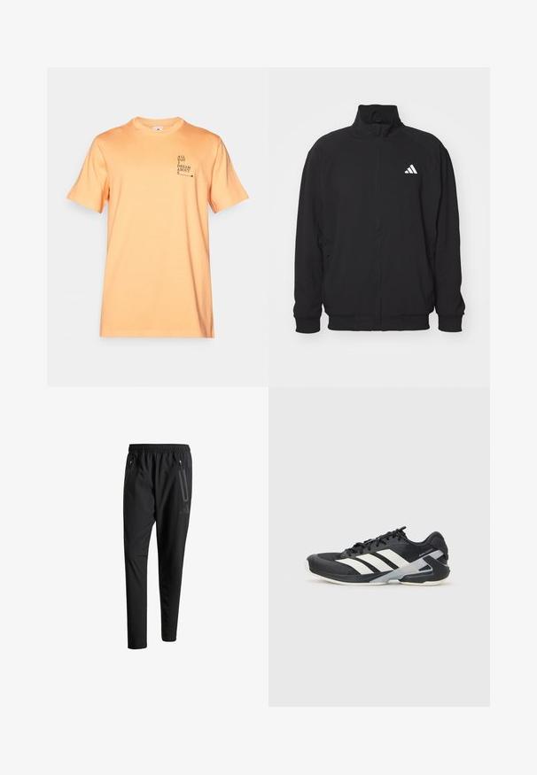 Černá vnější bunda vyrobená z lehkého materiálu, s vysokým límcem, zipovým zapínáním, elastickými manžetami a bílým logem na levé straně.; Oranžové bavlněné tričko s krátkými rukávy, kulatým výstřihem a předním textovým designem: "CELÝ DEN SNÍM O S." Hladká textura, volný střih.; Černé sportovní kalhoty s elastickým pasem, dvěma zipovými bočními kapsami, zúženými nohavicemi a decentním logem na boku.; Černá sportovní obuv s bílými pruhy, síťovaným svrškem, zaoblenou špičkou a polstrovanou podrážkou. Obsahuje texturovanou patu a bezpečný systém šněrování.