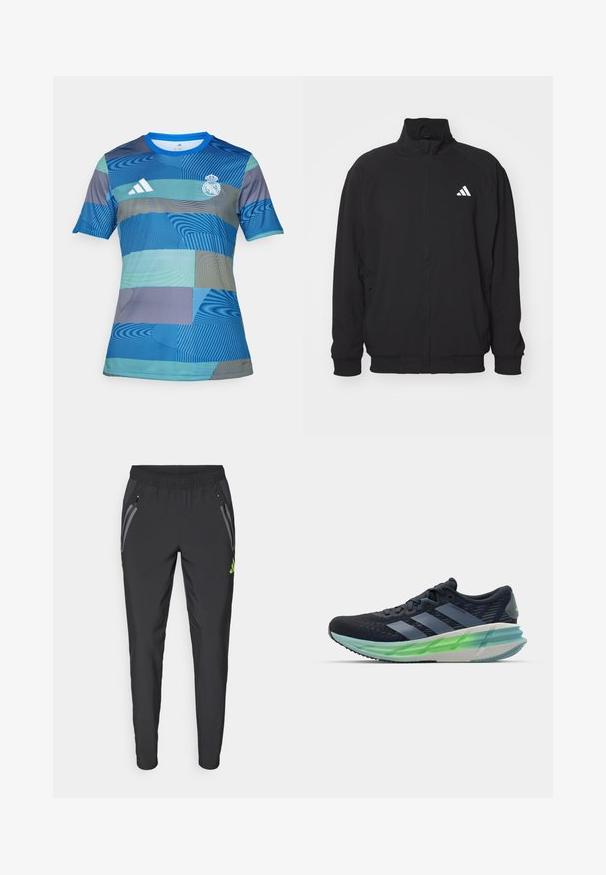 Must kandjast valmistatud kergest kangast, millel on kõrge krae, lukuga sulgemine, elastsed mansetid ja valge logo vasakul küljel.; Sinine jalgpallivärav, millel on geomeetriline muster erinevates sinise ja rohelise varjundites, lühikesed varrukad, ümar kaelus ning Adidas'i logo.; adidas Performance REAL MADRID TIRO25 PRO VIS TECH TRAVEL PANT - Klubiriided - black/lucid lemon; Mustakirgas ja sinine spordijalanõud, millel on võrgust ülemine osa, kolm valget triipu, roheline poolläbipaistev põhi ja märkimisväärne tekstuur. Kerge disain.