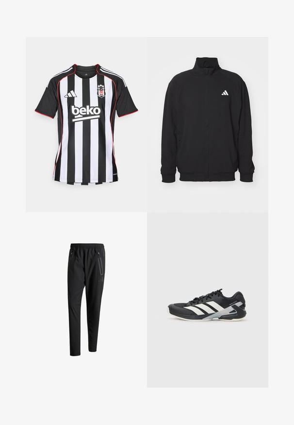 Must kandjast valmistatud kergest kangast, millel on kõrge krae, lukuga sulgemine, elastsed mansetid ja valge logo vasakul küljel.; adidas Performance BESIKTAS 25/26 AWAY JERSEY - Jalgpalli jersey-särk - black; Mustavad spordipüksid elastse vöökoha, kahe tõmblukuga küljetasku, kitsenevate säärete ning õrna logodetailiga puusadel.; Mustad sportlik jalanõud mustade värvidega, valgete triipudega, võrgusilma pealmine osa, ümar varvas ja pehme tallaga. Omab tekstureeritud kontsa ja kindlat paeltesüsteemi.