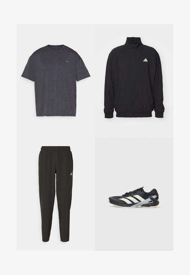 Juodas išorinis švarkas, pagamintas iš lengvos medžiagos, su aukštu apykaklės dizainu, užtrauktuku, elastinėmis rankogaliais ir balta logotipu kairėje pusėje.; Tamsiai pilka trumpų rankovių marškinėliai, pagaminti iš medvilnės, su apvalia iškirpte ir mažuoju logotipu priekyje. Minkšta tekstūra ir laisvai krentantis dizainas.; Juodos sportinės kelnės su elastingu liemeniu, siauro kirpimo, baltu logotipu kairėje kojoje. Lygus, lengvas audinys.; Juoda sportinė avalynė su baltais dryžiais, tinklinis viršus, apvalus pirštas ir paminkštinta padais. Yra tekstūruota kulno dalis ir saugi raištelių sistema.