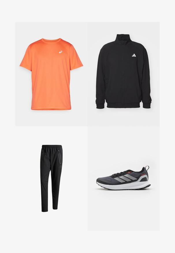 Černá vnější bunda vyrobená z lehkého materiálu, s vysokým límcem, zipovým zapínáním, elastickými manžetami a bílým logem na levé straně.; Oranžové sportovní tričko vyrobené z lehké tkaniny. Má krátké rukávy, kulatý výstřih a malé bílé logo na levé horní straně hrudi.; Černé sportovní kalhoty s elastickým pasem, dvěma zipovými bočními kapsami, zúženými nohavicemi a decentním logem na boku.; Běžecké boty v černé barvě s šedými detaily. Mají texturovaný svršek, robustní podrážku a reflexní pruhy. Lehký design s polstrovanou mezipodrážkou.