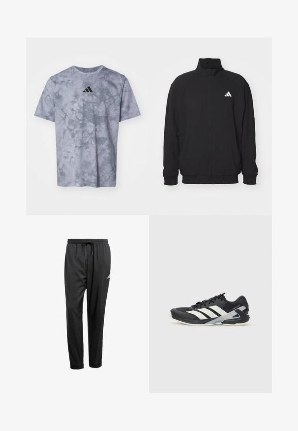 Sort yderjakke lavet af letvægtsstof, med høj krave, lynlås lukning, elastiske manchetter og et hvidt logo på venstre side.; Grå T-shirt med korte ærmer og tie-dye mønster, prydet med et fremtrædende svart Adidas-logo på brystet og et struktureret stof.; Sorte træningsbukser med elastisk talje, snøre, opkrøllede ankler og et lille hvidt logo på højre lår.; Sort sportsko med hvide striber, mesh-overdel, rund tå og dæmpet sål. Har en tekstureret hæl og et sikkert snøresystem.