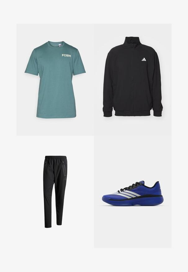Black outer jacket made of lightweight fabric, featuring a high collar, zip closure, elastic cuffs, and a white logo on the left side.; adidas Performance FC BAYERN M�NCHEN SZN TEE - Basic T-shirt - hazy emerald; Black athletic pants with an elastic waistband, two zippered side pockets, tapered legs, and a subtle logo detail on the hip.; adidas Performance ADIZERO SELECT 3.0 - Basketball shoes - lucid blue/core black/metallic