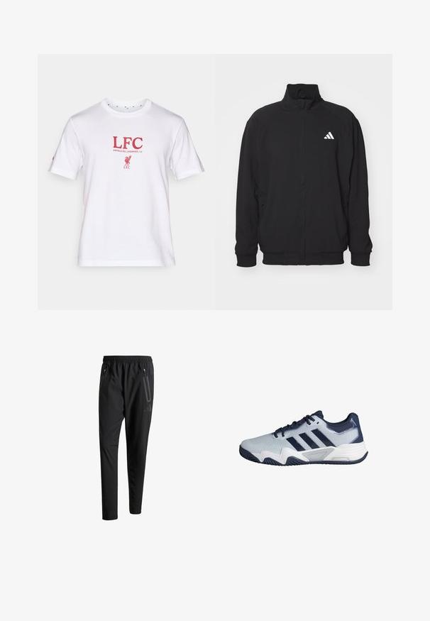 Schwarze Außenjacke aus leichtem Stoff, mit hochgeschlossenem Kragen, Reißverschluss, elastischen Bündchen und einem weißen Logo auf der linken Seite.; Weißes Baumwoll-T-Shirt mit rotem "LFC"-Text und "ANFIELD RD, LIVERPOOL, L4" darunter, mit einem Logo eines Vogels. Kurzarm und Rundhalsausschnitt.; Schwarze Sporthose mit elastischem Bund, zwei Reißverschlusstaschen an den Seiten, schmal zulaufenden Beinen und einem dezenten Logo-Detail an der Hüfte.; Hellgrauer und marineblauer Sportschuh mit drei schwarzen Streifen, Schnürdesign und profilierter Sohle, seitlich von links gezeigt.