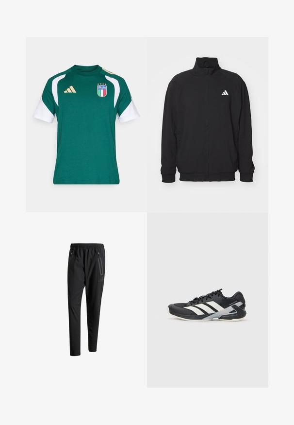 Zwarte buitenjack gemaakt van lichtgewicht stof, met een hoge kraag, ritssluiting, elastische manchetten en een wit logo aan de linkerkant.; Groen sport-T-shirt met witte mouwen, met een geborduurd Italia-logo en gouden accenten, gemaakt van zacht, ademend materiaal.; Zwarte sportbroeken met een elastische tailleband, twee ritszakken aan de zijkant, taps toelopende pijpen en een subtiele logo-detail op de heup.; Zwarte sportschoen met witte strepen, bovenwerk van mesh, ronde neus en geveerde zool. Heeft een getextureerde hak en een veilig vetersysteem.