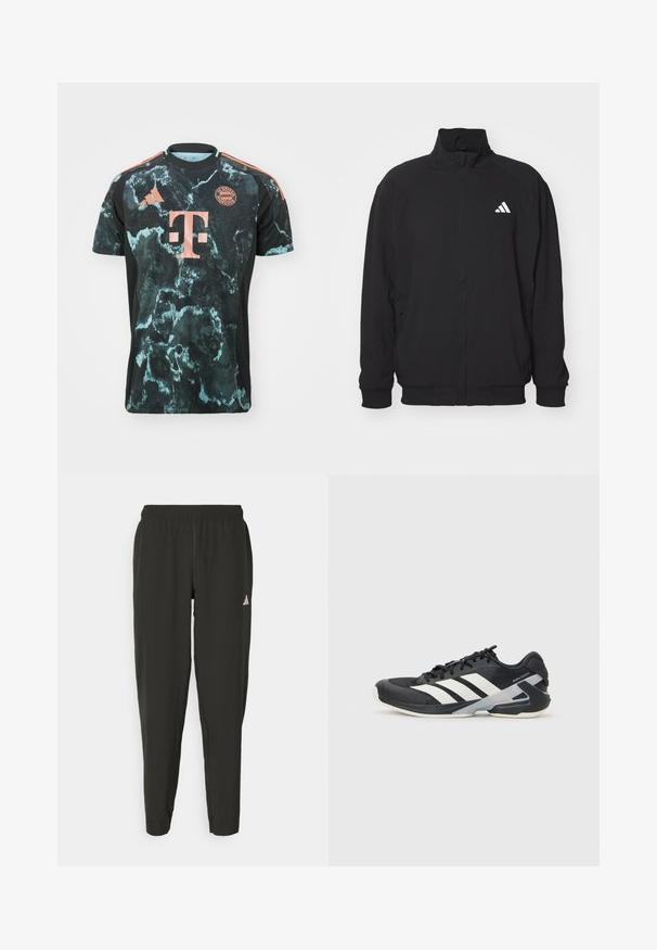 Veste extérieure noire en tissu léger, avec un col haut, fermeture éclair, poignets élastiques et un logo blanc sur le côté gauche.; T-shirt noir à manches courtes avec un motif veiné en teal et gris, équipé d'accents corail et d'un logo circulaire du FC Bayern München sur la poitrine.; Pantalons de sport noirs avec une taille élastique, coupe slim et logo blanc sur la jambe gauche. Tissu lisse et léger.; Chaussure de sport noire avec des rayures blanches, tige en mesh, bout arrondi et semelle rembourrée. Comprend un talon texturé et un système de laçage sécurisé.