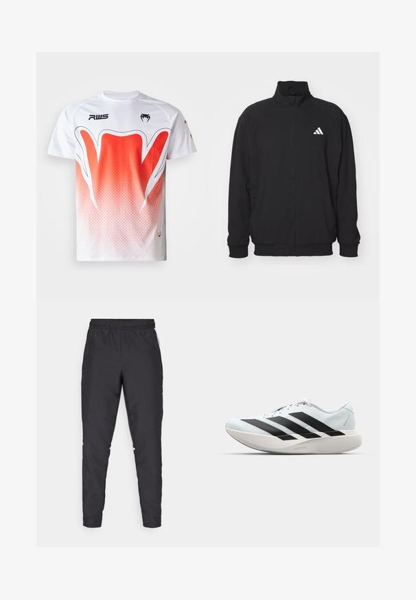 Fekete, könnyű anyagból készült külsődzseki, magas gallérral, cipzáros záródással, rugalmas mandzsettákkal és fehér logóval a bal oldalon.; Fehér sportpóló, amelyen a fehértől a pirosig terjedő átmenetes dizájn látható, geometrikus mintával és fekete logóval a mellrészen.; Fekete sportnadrág, rugalmas derékkal, szűkített szárakkal és fehér oldalszegésekkel. Szinétikus anyagból készült, sima tapintással.; Világoskék, fekete csíkos könnyű futószerek. Simább felső résszel, kerek orral és vastag fehér középtalppal, amelyen a "LIGHTSTRIKE PRO" felirat olvasható.