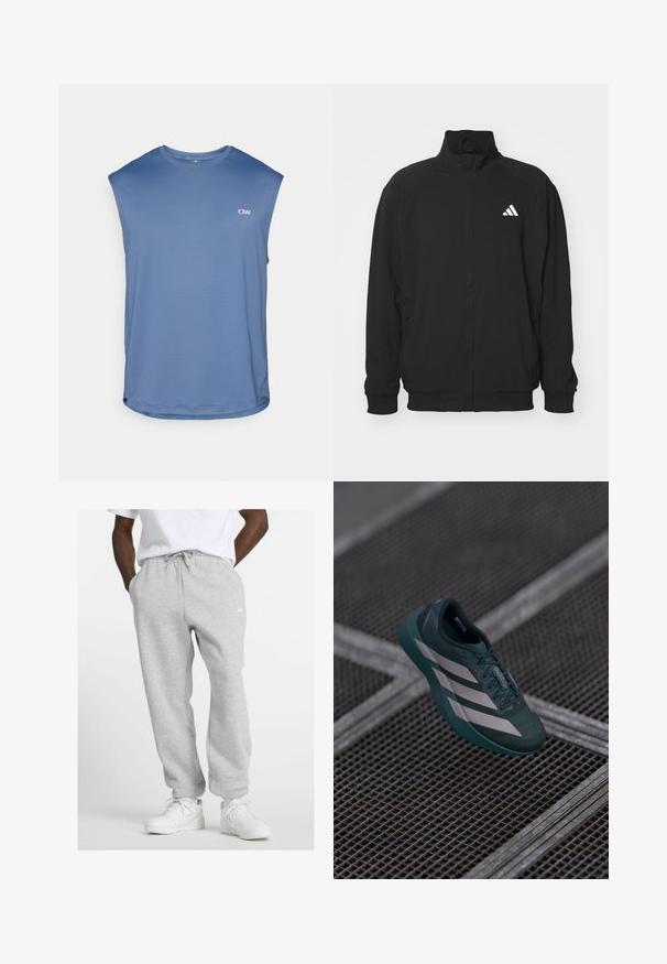 Giacca esterna nera realizzata in tessuto leggero, con colletto alto, chiusura con zip, polsini elasticizzati e logo bianco sul lato sinistro.; ICANIWILL STRIDE SLEEVELESS - Top - dusty twilight blue; Uomo che indossa pantaloni della tuta grigio chiaro con cordino e sneaker bianche, in piedi con le mani in tasca su uno sfondo bianco.; Scarpa sportiva di colore verde scuro con una tomaia testurizzata, dotata di tre strisce bianche, punta arrotondata e suola imbottita.