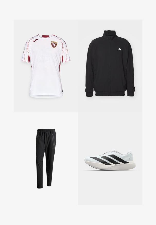 Melnā ārējā jaka, kas izgatavota no viegla auduma, ar augstu apkakli, rāvējslēdzēju, elastīgām aprocēm un balto logotipu kreisajā pusē.; Balts īsās piedurknes džersijs ar teksturētu dizainu un bordo akcentiem, uz kreisās krūtis ir Torino FC emblēma.; Melni sporta bikses ar elastīgu vidukli, divām kabatām ar rāvējslēdzējiem sānos, sašaurinātām kājām un diskrētu logo detaļu uz gurniem.; Gaiši zili vieglie skriešanas apavi ar melniem svītrainiem. Iezīmēti ar gludu augšpusi, apaļu purngalu un biezāko balto vidējo zoli, kurā ir uzraksts "LIGHTSTRIKE PRO."