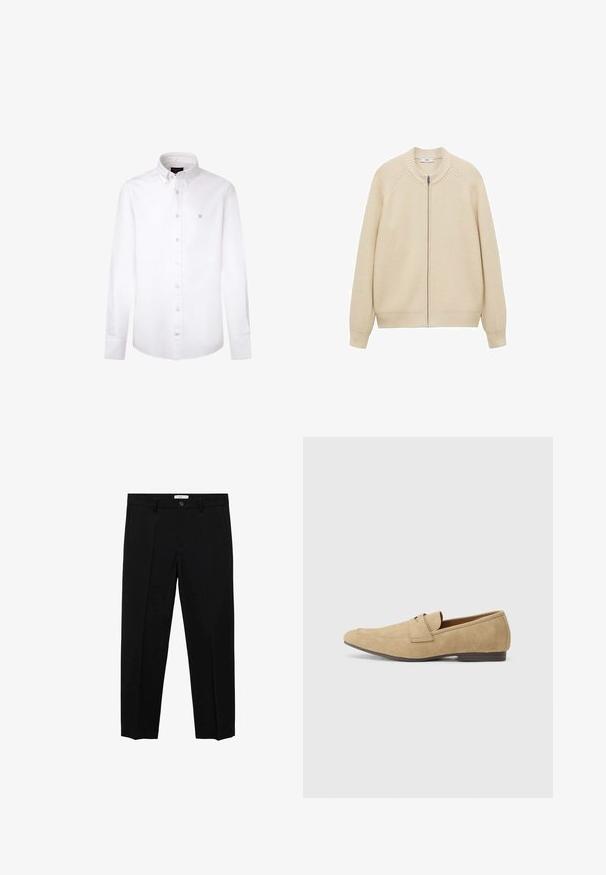 Beige gebreide cardigan met een geribde kraag en manchetten, voorzien van een volledige rits aan de voorkant en een gestructureerd oppervlak. Geen zakken of extra accenten.; Witte langarmshirt gemaakt van katoen. Heeft een klassieke button-down kraag, knoppen aan de voorkant en een klein blauw logo op de linkerborst.; Zwarte op maat gemaakte broek met een rechte pasvorm, voorzien van een enkele knoopsluiting, ceintuurlussen en voorzijden plooien. Gemaakt van een gladde stof.; Beige suede loafers met een lichte glans, met een ronde neus, instapdesign en een lage bruine hak. Subtiele stiksels.