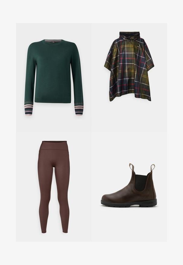 Geruite poncho in zwart, groen en gele tinten. Beschikt over een capuchon, korte mouwen en een losse pasvorm. Gestructureerde stof met een gedurfde ruitpatroon.; Groene lange mouwen trui met een ronde hals en gemusterde manchetten in marineblauw, roze en witte strepen. Gemaakt van een zachte breisel.; Bruine hoge taille leggings gemaakt van gladde, rekbare stof. Kenmerkt zich door een aansluitend ontwerp en een naadloze uitstraling langs de naden.; Bruine leren enkellaars met elastische zijkanten, trekriempjes en een getextureerde rubberen zool. Heeft een slank, rond te ontwerp.