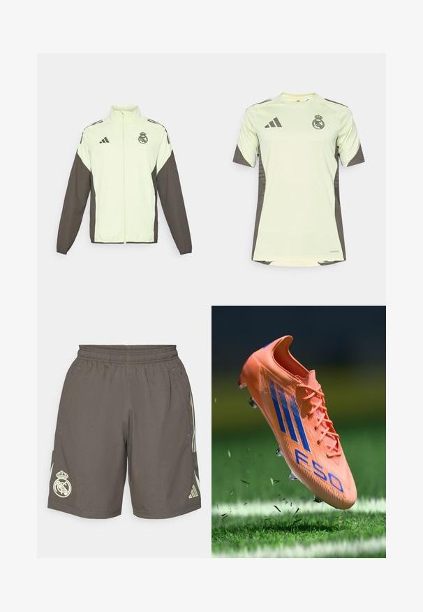 Casaco Adidas com um corpo verde claro e mangas castanhas escuras. Inclui um colarinho alto, fecho de correr à frente e logótipo no peito.; Jersey verde claro de mangas curtas com detalhes em cinza escuro, apresentando o logótipo da equipa no peito, feito de material respirável com tecnologia de absorção de humidade.; Calções atléticos cinzentos com um cós elástico, riscas laterais verde claro e um logotipo branco do Real Madrid na bainha esquerda.; Chuteira de futebol laranja com riscas azuis e detalhes texturizados, apresentando um colar levantado e seis cravos, suspensa acima de um campo gramado.