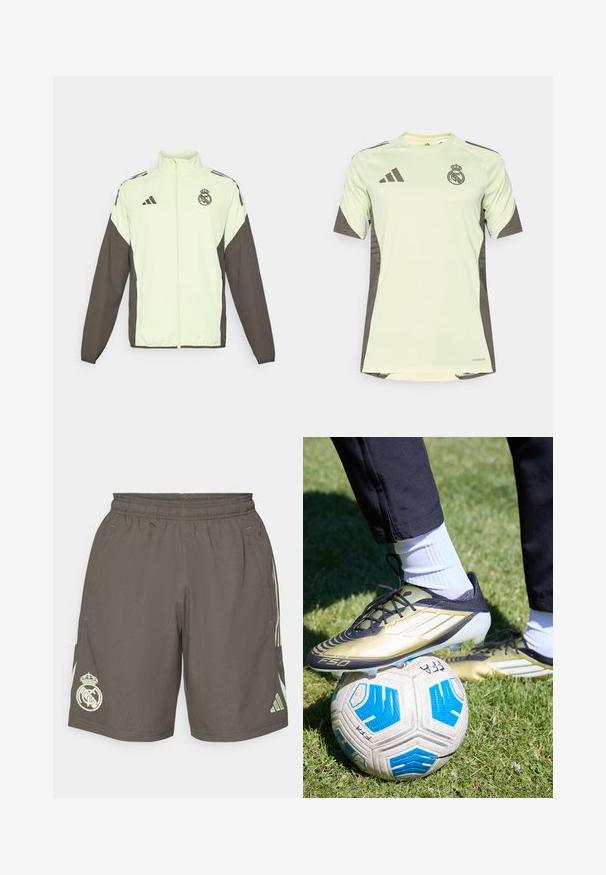 Adidas jakna s svijetlozelenim tijelom i tamnosmešnim rukavima. Ima visoki ovratnik, predni zip i logo na prsima.; Svijetlozeleni kratki rukav dres s tamnosivim detaljima, na prsima s timskim logom, izrađen od prozračnog materijala s tehnologijom odvlačenja vlage.; Sive sportske kratke hlače s elastičnim pojasom, svijetlozeleni bočni pruge i bijeli logo Real Madrida na lijevom rubu.; adidas Performance F50 ELITE FG MESSI - Nogometne kopačke za čvrstu podlogu - gold metallic/footwear white/core black