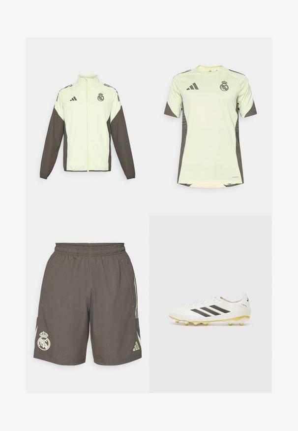 Veste Adidas avec un corps vert clair et des manches marron foncé. Comprend un col haut, une fermeture éclair sur le devant et un logo sur la poitrine.; T-shirt à manches courtes vert clair avec des accents gris foncé, présentant le logo de l'équipe sur la poitrine, fabriqué à partir d'un matériau respirant avec technologie d'évacuation de l'humidité.; Shorts de sport gris avec une ceinture élastique, rayures latérales vert clair et un logo Real Madrid blanc sur l'ourlet gauche.; Chaussure de football blanche dotée de trois rayures noires, d'un upper texturé et de crampons jaunes. Le design comprend un motif subtil et un détail de logo.