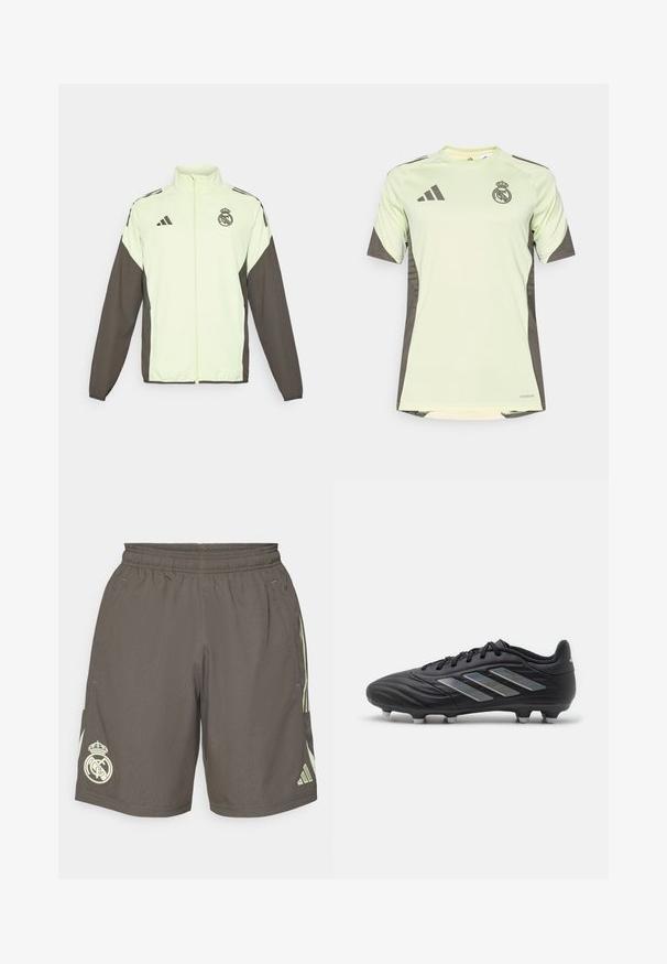 Giacca Adidas con un corpo verde chiaro e maniche marroni scure. Include un colletto alto, una cerniera frontale e il logo sul petto.; Jersey verde chiaro a maniche corte con accenti grigio scuro, con logo della squadra sul petto, realizzato in materiale traspirante con tecnologia di assorbimento dell'umidità.; Pantaloni corti sportivi grigi con una cintura elastica, strisce laterali verde chiaro e un logo bianco del Real Madrid sull'orlo sinistro.; Scarpa da calcio nera con un design elegante, caratterizzata da una tomaia testurizzata, sei tacchetti in plastica e tre strisce argento lungo il lato.