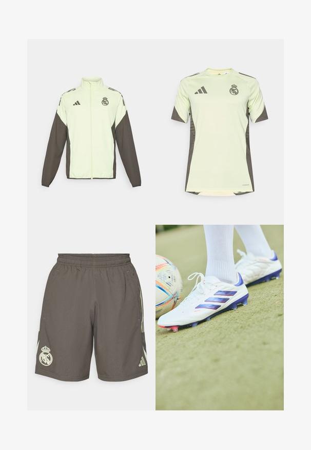 Giacca Adidas con un corpo verde chiaro e maniche marroni scure. Include un colletto alto, una cerniera frontale e il logo sul petto.; Jersey verde chiaro a maniche corte con accenti grigio scuro, con logo della squadra sul petto, realizzato in materiale traspirante con tecnologia di assorbimento dell'umidità.; Pantaloni corti sportivi grigi con una cintura elastica, strisce laterali verde chiaro e un logo bianco del Real Madrid sull'orlo sinistro.; adidas Performance COPA PURE 2.0 ELITE FIRM GROUND - Scarpe da calcio per terreni duri - footwear white/lucid blue/solar red