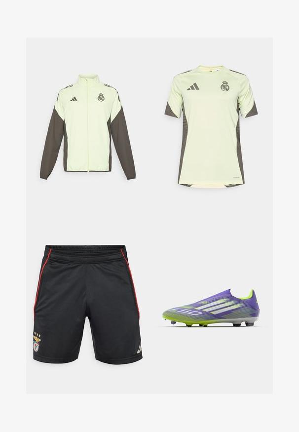 Adidas dzseki, amely világoszöld testtel és sötétbarna ujjal rendelkezik. Magas gallérral, elülső cipzárral és logóval a mellkasi részen.; Világos zöld, rövidujjú póló sötétszürke részletekkel, csapatlogóval a mellrészen. Lélegző anyagból készült, nedvességelvezető technológiával.; Fekete sportnadrág piros oldalsávokkal, elasztikus derékkal, csapatlogóval és három arany csillaggal. Simító, légáteresztő anyagból készült.; Lila és zöld focicipő, letisztult dizájnnal, texturált felsőrésszel, csíkozott mintákkal és áttetsző talppal.