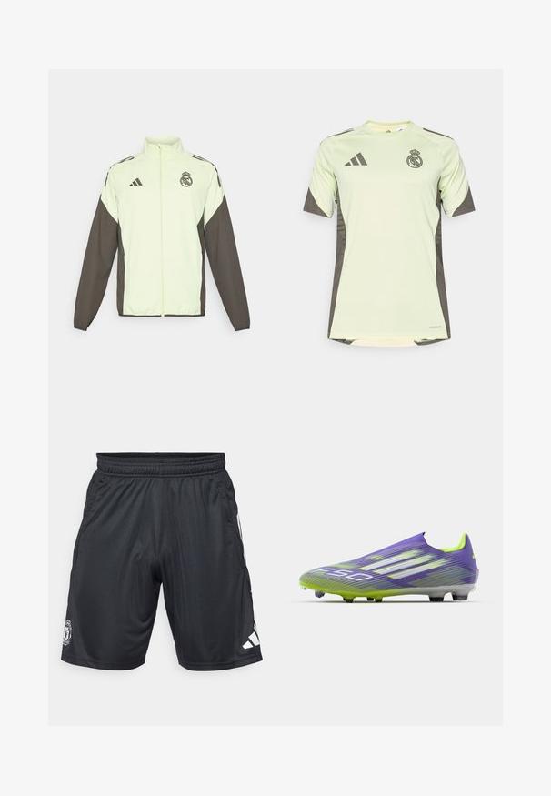 Adidas jack met een lichtgroene body en donkerbruine mouwen. Voorzien van een hoge kraag, een ritssluiting aan de voorkant en een logo op de borst.; Lichtgroen t-shirt met korte mouwen en donkergrijze accenten, voorzien van het teamlogo op de borst, gemaakt van ademend materiaal met vochtafvoerende technologie.; Zwarte sportshorts gemaakt van lichtgewicht materiaal. Kenmerken zijn een elastische tailleband, zijzakken en het witte adidas-logo op de rechteronderkant.; Voetbalschoen in paars en groen, met een gestroomlijnd ontwerp, een gestructureerde bovenkant met streepjespatronen en een doorzichtige zool.