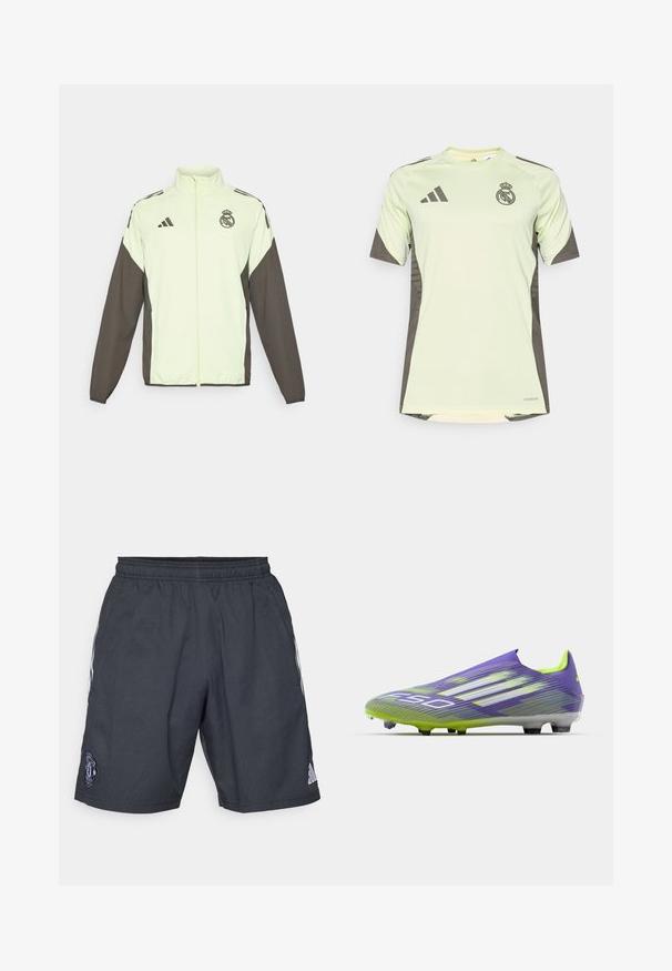 Adidas dzseki, amely világoszöld testtel és sötétbarna ujjal rendelkezik. Magas gallérral, elülső cipzárral és logóval a mellkasi részen.; Világos zöld, rövidujjú póló sötétszürke részletekkel, csapatlogóval a mellrészen. Lélegző anyagból készült, nedvességelvezető technológiával.; Fekete sportnadrág, lélegző anyagból készült, rugalmas derékpánttal, fehér oldalcsíkokkal és Manchester United logóval.; Lila és zöld focicipő, letisztult dizájnnal, texturált felsőrésszel, csíkozott mintákkal és áttetsző talppal.