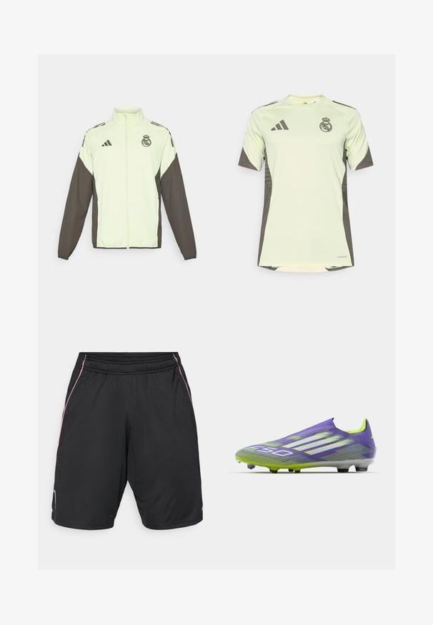 Adidas jaka ar gaiši zaļu ķermeni un tumši brūnām piedurknēm. Iekļauj augstu apkakli, priekšējo rāvējslēdzēju un logotipu uz krūtīm.; Gaiši zaļš īsām piedurknēm džersija ar tumši pelēkiem akcentiem, ar komandas logo uz krūtīm, izgatavota no elpojoša materiāla ar mitrumu vogošitu tehnoloģiju.; Melnas sporta šortus ar elastīgu jostu, kuriem ir rozā un dzeltenas sānu akcenti un neliela zila logo kreisajā apakšmalā.; Futbola zābaks purpursarkanā un zaļā krāsā, ar plūstošu dizainu, teksturētu augšdaļu ar svītru rakstiem un caurspīdīgu zoli.