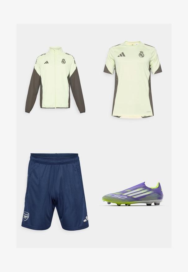 Adidase jakk, mis on kerge rohelise kehaga ja tumedate pruunide varrukatega. Sisaldab kõrget krae, esistzipperit ja logo rinnal.; Hele rohelise värvi lühikeste varrukatega särk tumehallide aktsentidega, mis on varustatud meeskonna logoga rinnal, valmistatud hingavast materjalist, millel on niiskust eemal hoidvad tehnoloogiad.; Tumed spordilühikesed, millel on elastne vöökoht, kaks küljetaskut ja Arsenal'i logo. Valmistatud siledast, kergest kangast. Hõbedased detailid.; Jalgpallisussid lilla ja rohelises, millel on voolujooneline disain, tekstureeritud pealis triibumustritega ja pooleläbipaistev tald.