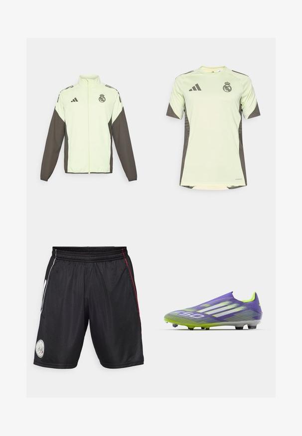 Adidas-Jacke mit einem hellgrünen Hauptteil und dunkelbraunen Ärmeln. Verfügt über einen hohen Kragen, einen Frontreißverschluss und ein Logo auf der Brust.; Helles grünes Kurzarmtrikot mit dunkelgrauen Akzenten, auf der Brust mit dem Teamlogo, aus atmungsaktivem Material mit feuchtigkeitsableitender Technologie.; Schwarze Sportshorts mit elastischem Bund, weißen und roten Seitenstreifen sowie einem runden Logopatch am linken Bein. Glattes, leichtes Material.; Fußballschuh in Lila und Grün, mit einem stromlinienförmigen Design, strukturiertem Obermaterial mit Streifenmustern und einer durchsichtigen Sohle.