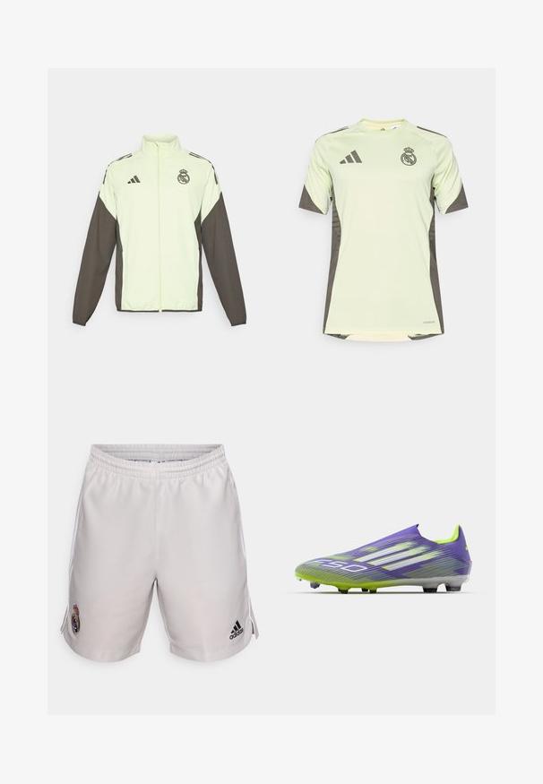 Adidas jack met een lichtgroene body en donkerbruine mouwen. Voorzien van een hoge kraag, een ritssluiting aan de voorkant en een logo op de borst.; Lichtgroen t-shirt met korte mouwen en donkergrijze accenten, voorzien van het teamlogo op de borst, gemaakt van ademend materiaal met vochtafvoerende technologie.; Lichtgrijze sportshorts van synthetische stof, met een elastische tailleband, zijstrepen en geborduurd teamlogo en merkaanraking.; Voetbalschoen in paars en groen, met een gestroomlijnd ontwerp, een gestructureerde bovenkant met streepjespatronen en een doorzichtige zool.