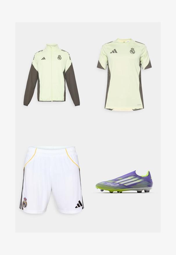 Adidas-Jacke mit einem hellgrünen Hauptteil und dunkelbraunen Ärmeln. Verfügt über einen hohen Kragen, einen Frontreißverschluss und ein Logo auf der Brust.; Helles grünes Kurzarmtrikot mit dunkelgrauen Akzenten, auf der Brust mit dem Teamlogo, aus atmungsaktivem Material mit feuchtigkeitsableitender Technologie.; Weiße Sportshorts mit schwarzen Seitenstreifen und gelben Akzenten, versehen mit einem gestickten Emblem am linken Bein und einem elastischen Bund.; Fußballschuh in Lila und Grün, mit einem stromlinienförmigen Design, strukturiertem Obermaterial mit Streifenmustern und einer durchsichtigen Sohle.