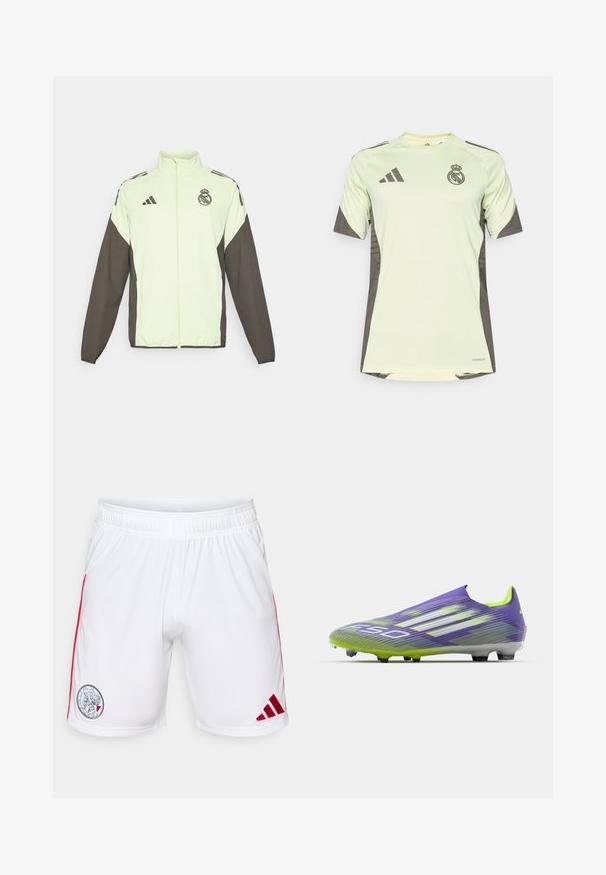 Veste Adidas avec un corps vert clair et des manches marron foncé. Comprend un col haut, une fermeture éclair sur le devant et un logo sur la poitrine.; T-shirt à manches courtes vert clair avec des accents gris foncé, présentant le logo de l'équipe sur la poitrine, fabriqué à partir d'un matériau respirant avec technologie d'évacuation de l'humidité.; Shorts de sport blancs en tissu lisse, avec des rayures latérales rouges et un logo circulaire sur la cuisse gauche arborant un emblème sportif.; Chaussure de soccer en violet et vert, avec un design épuré, un dessus texturé avec des motifs en rayures, et une semelle translucide.