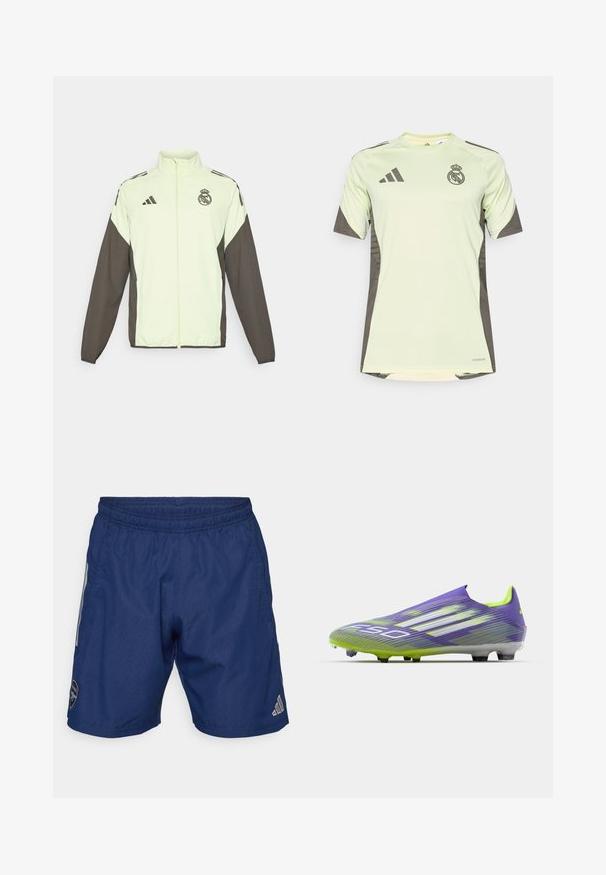 Veste Adidas avec un corps vert clair et des manches marron foncé. Comprend un col haut, une fermeture éclair sur le devant et un logo sur la poitrine.; T-shirt à manches courtes vert clair avec des accents gris foncé, présentant le logo de l'équipe sur la poitrine, fabriqué à partir d'un matériau respirant avec technologie d'évacuation de l'humidité.; Shorts de sport bleu marine en tissu léger, avec une taille élastique, des poches latérales et le logo Adidas en bas à droite.; Chaussure de soccer en violet et vert, avec un design épuré, un dessus texturé avec des motifs en rayures, et une semelle translucide.