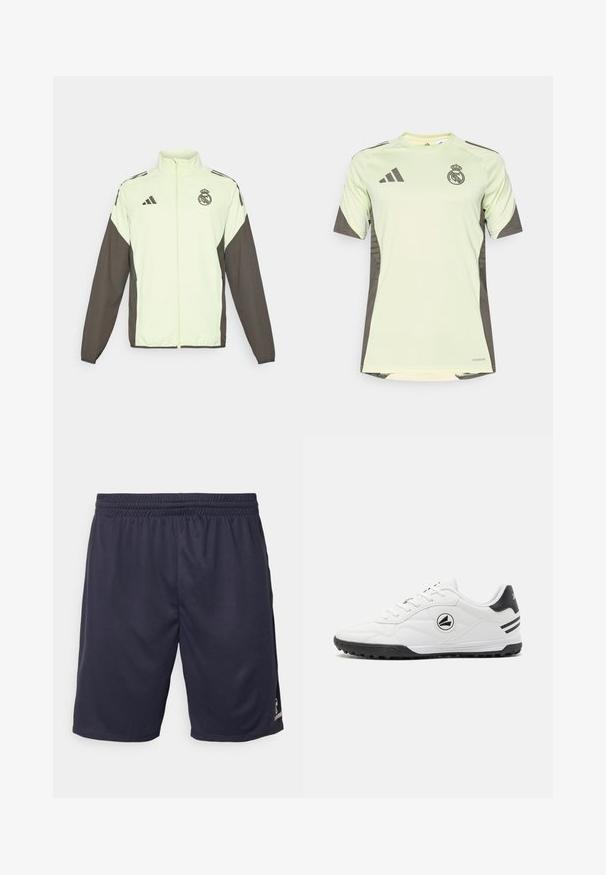 Adidase jakk, mis on kerge rohelise kehaga ja tumedate pruunide varrukatega. Sisaldab kõrget krae, esistzipperit ja logo rinnal.; Hele rohelise värvi lühikeste varrukatega särk tumehallide aktsentidega, mis on varustatud meeskonna logoga rinnal, valmistatud hingavast materjalist, millel on niiskust eemal hoidvad tehnoloogiad.; Sinise värvi spordilühiessärk, mis on valmistatud õhku läbilaskevast kangast, elastsest vöökohtast ja siledast tekstuurist, külgedel väikese logo detailiga.; Valged spordijalatsid siledast nahast pealisosaga, mustade aktsentidega, tekstuurse tallaga ja ühel küljel ümmarguse logoga. Omab kitsaid sidumisnöörid.