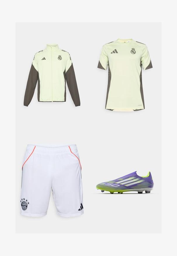 Adidas-takki, jossa on vaaleanvihreä vartalo ja tummanruskeat hihat. Sisältää korkean kauluksen, etuvetoketjun ja logon rinnassa.; Vaaleanvihreä lyhythihainen paita tummanharmailla yksityiskohdilla, jossa on joukkueen logo rinnassa, valmistettu hengittävästä materiaalista, jossa on kosteutta siirtävä teknologia.; Valkoiset urheilushortsit mustilla ja oransseilla yksityiskohdilla. Sisältää FC Bayern Münchenin logon ja kolme mustaa raitaa sivuilla. Kevyt materiaali.; Jalkapallokengät purppuran ja vihreän sävyissä, joissa on virtaviivainen muotoilu, teksturoitu pinta nauhakuvioilla ja läpinäkyvä pohja.