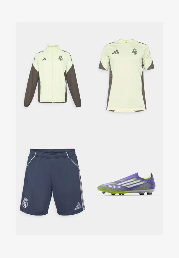 Adidase jakk, mis on kerge rohelise kehaga ja tumedate pruunide varrukatega. Sisaldab kõrget krae, esistzipperit ja logo rinnal.; Hele rohelise värvi lühikeste varrukatega särk tumehallide aktsentidega, mis on varustatud meeskonna logoga rinnal, valmistatud hingavast materjalist, millel on niiskust eemal hoidvad tehnoloogiad.; Tumesinine sportlikud lühikesed püksid, mis on valmistatud sileda kangaga, kergelt roheliste aktsentõmblemiste ja hõbedaste külgriieelementidega. Kaasas Real Madrid'i logo.; Jalgpallisussid lilla ja rohelises, millel on voolujooneline disain, tekstureeritud pealis triibumustritega ja pooleläbipaistev tald.