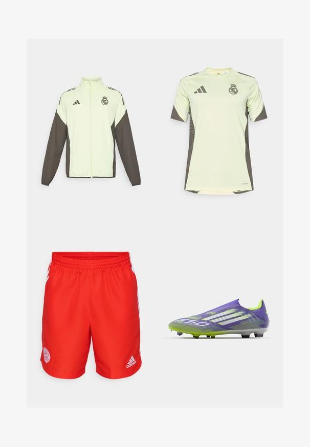 Veste Adidas avec un corps vert clair et des manches marron foncé. Comprend un col haut, une fermeture éclair sur le devant et un logo sur la poitrine.; T-shirt à manches courtes vert clair avec des accents gris foncé, présentant le logo de l'équipe sur la poitrine, fabriqué à partir d'un matériau respirant avec technologie d'évacuation de l'humidité.; Shorts de sport rouges avec une taille élastique, présentant des bandes blanches adidas sur les côtés et un logo circulaire du Bayern Munich à l'avant.; Chaussure de soccer en violet et vert, avec un design épuré, un dessus texturé avec des motifs en rayures, et une semelle translucide.