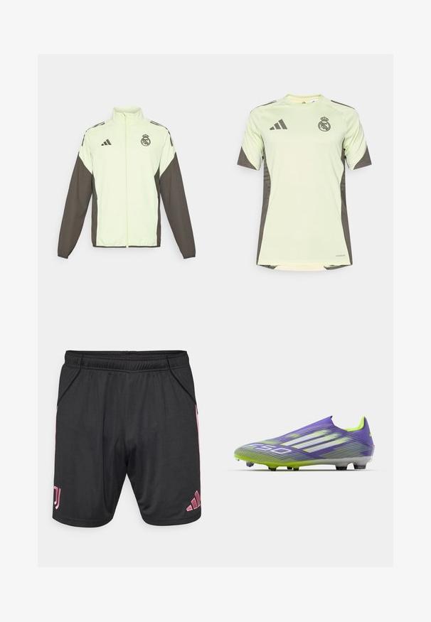 Jachetă Adidas cu un corp verde deschis și mâneci maro închis. Include un guler înalt, fermoar frontal și logo pe piept.; Tricou scurt cu mânecă, de culoare verde deschis, cu accente gri închis, având logo-ul echipei pe piept, realizat dintr-un material respirabil cu tehnologie de eliminare a umezelii.; Pantaloni scurți sport negri cu accente roz, talie elastică, buzunare laterale și logo-ul Adidas. Confecționați dintr-un material ușor, neted.; Crampon de fotbal în purpuriu și verde, cu un design aerodinamic, suprafață texturată cu modele în dungi și o talpă translucidă.