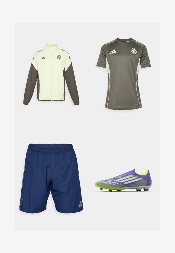 Adidas jaka ar gaiši zaļu ķermeni un tumši brūnām piedurknēm. Iekļauj augstu apkakli, priekšējo rāvējslēdzēju un logotipu uz krūtīm.;  Tumši zaļš sporta krekls ar gaiši zaļām akcentēm, īsām piedurknēm, apaļu kakla izgriezumu un Real Madrid logo uz krūtīm. Izgatavots no mitrumu aizturoša materiāla.; Tumši zili sporta šorti, izgatavoti no viegla auduma, ar elastīgu jostasvietu, sānu kabatām un Adidas logo apakšējā labajā stūrī.; Futbola zābaks purpursarkanā un zaļā krāsā, ar plūstošu dizainu, teksturētu augšdaļu ar svītru rakstiem un caurspīdīgu zoli.