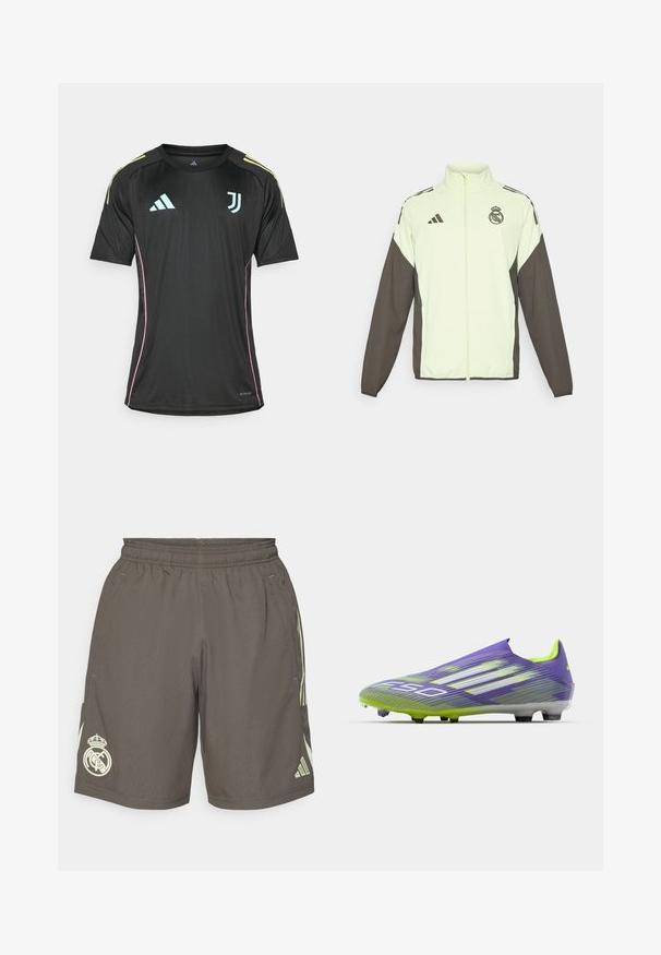 Adidas-Jacke mit einem hellgrünen Hauptteil und dunkelbraunen Ärmeln. Verfügt über einen hohen Kragen, einen Frontreißverschluss und ein Logo auf der Brust.; Schwarzes Kurzarm-Trikot mit hellblauen Akzenten, gelben Schulterstreifen und pinker Paspelierung an den Seiten. Verfügt über die Logos von Adidas und Juventus.; Graue Sportshorts mit elastischem Bund, hellgrünen Seitenstreifen und einem weißen Real Madrid-Logo am linken Saum.; Fußballschuh in Lila und Grün, mit einem stromlinienförmigen Design, strukturiertem Obermaterial mit Streifenmustern und einer durchsichtigen Sohle.