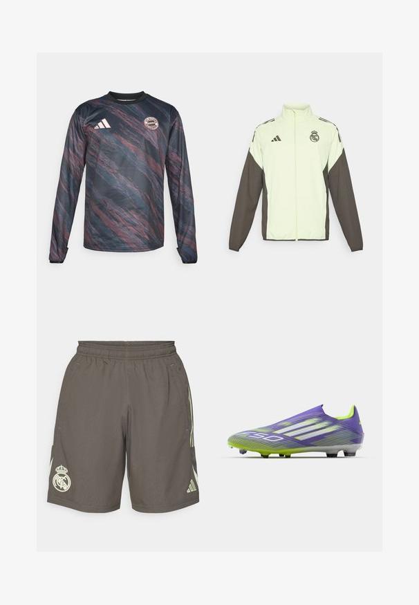 Adidas jaka ar gaiši zaļu ķermeni un tumši brūnām piedurknēm. Iekļauj augstu apkakli, priekšējo rāvējslēdzēju un logotipu uz krūtīm.; Tumšzila un bordo garām piedurknēm, ar teksturētu, viļņotu rakstu. Ar melnu apkakli un FC Bayern Munich logo uz krūts.; Pelēki sporta šorti ar elastīgu jostu, gaiši zaļi sānu svītriņas un baltu Real Madrid logo kreisajā apakšmalā.; Futbola zābaks purpursarkanā un zaļā krāsā, ar plūstošu dizainu, teksturētu augšdaļu ar svītru rakstiem un caurspīdīgu zoli.