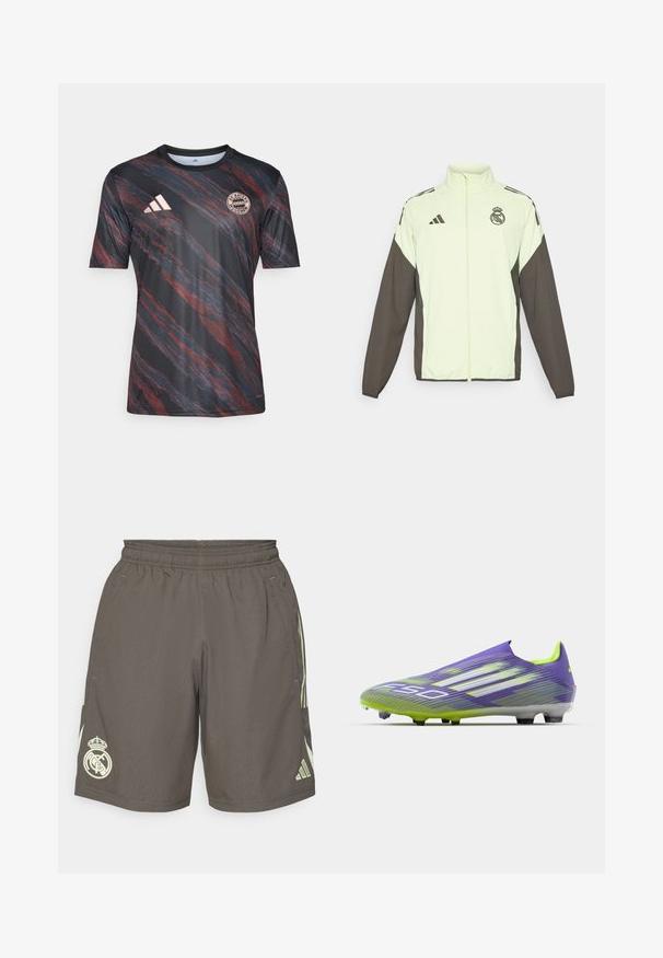 Adidase jakk, mis on kerge rohelise kehaga ja tumedate pruunide varrukatega. Sisaldab kõrget krae, esistzipperit ja logo rinnal.; Mustvalge ja punaste triipudega lühikeste varrukatega särk, millel on ringkaelus, ja millel on rinnal Adidas'i logo ja Bayern Muncheni embleem.; Hallid hallid spordilühikesed püksid, millel on elastne vöökoht, helesinised külgtriibud ja vasakpoolsel äärmisel kohal valge Real Madridi logo.; Jalgpallisussid lilla ja rohelises, millel on voolujooneline disain, tekstureeritud pealis triibumustritega ja pooleläbipaistev tald.