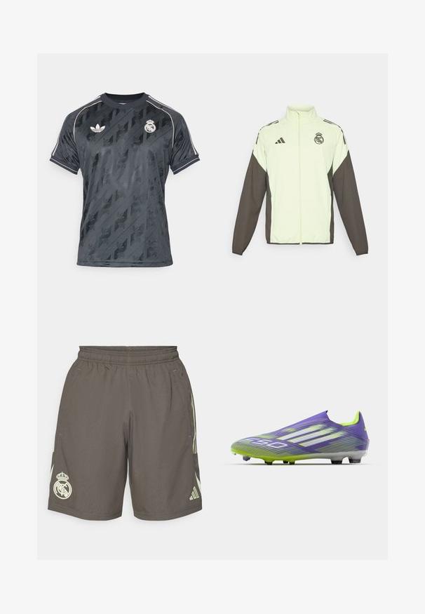 Kurtka Adidas w kolorze jasnorozowym z ciemnobrązowymi rękawami. Posiada wysoki kołnierz, zamek z przodu oraz logo na klatce piersiowej.; Czarny sportowy trykot z teksturowanym diagonalnym wzorem, logo Adidas oraz emblemem Real Madryt. Zawiera szare akcenty na kołnierzyku i rękawach.; Szare szorty sportowe z elastycznym pasem, jasnooliwkowe paski boczne i białe logo Real Madryt na lewej krawędzi.; Buty piłkarskie w kolorze fioletowym i zielonym, charakteryzujące się opływowym kształtem, teksturowaną cholewką z paskami oraz przezroczystą podeszwą.